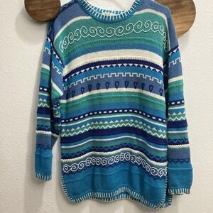 VTG S/J Designs Colorful Beaded Pattern Sweater Women's Small Green Blue Ramie